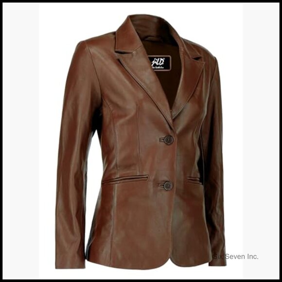 Lambskin Leather Blazer Jacket Women Long Sleeves Notched Lapel - Picture 4 of 7